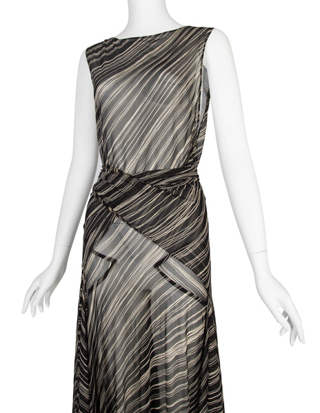 Donna Karan Vintage SS 2001 Black and Ivory Striped Sheer Silk Wrap Dress