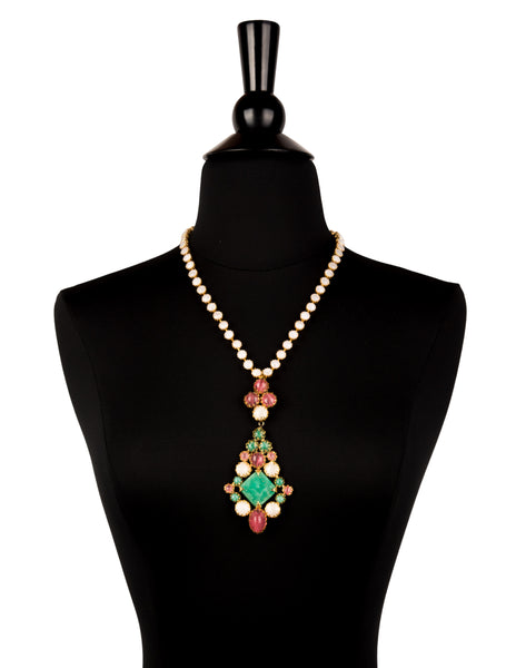 Schreiner Vintage 1960s Green Pink White Necklace and Earrings Set