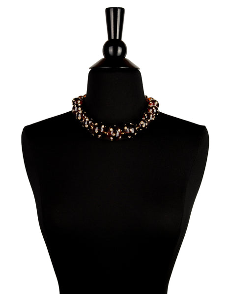 Valentino Vintage Rhinestone Encrusted Brown Lucite Bauble Necklace