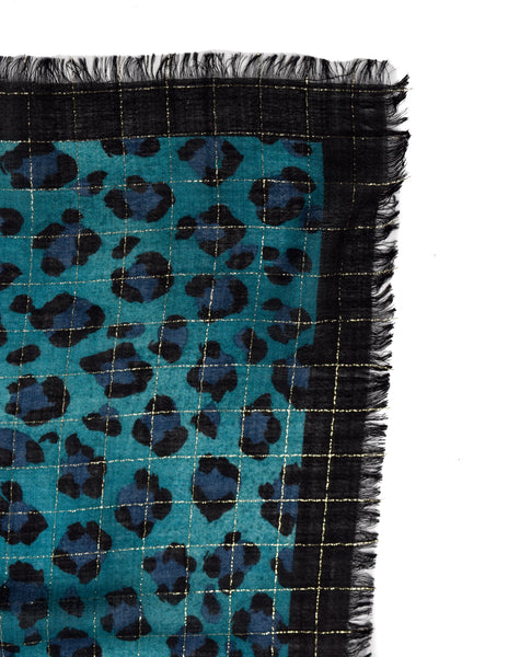 Yves Saint Laurent Vintage 1980s Purple Teal Green Black Leopard Print Golden Lurex Large Wool Pashmina Shawl Scarf