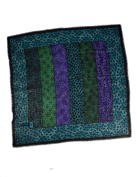 Yves Saint Laurent Vintage 1980s Purple Teal Green Black Leopard Print Golden Lurex Large Wool Pashmina Shawl Scarf