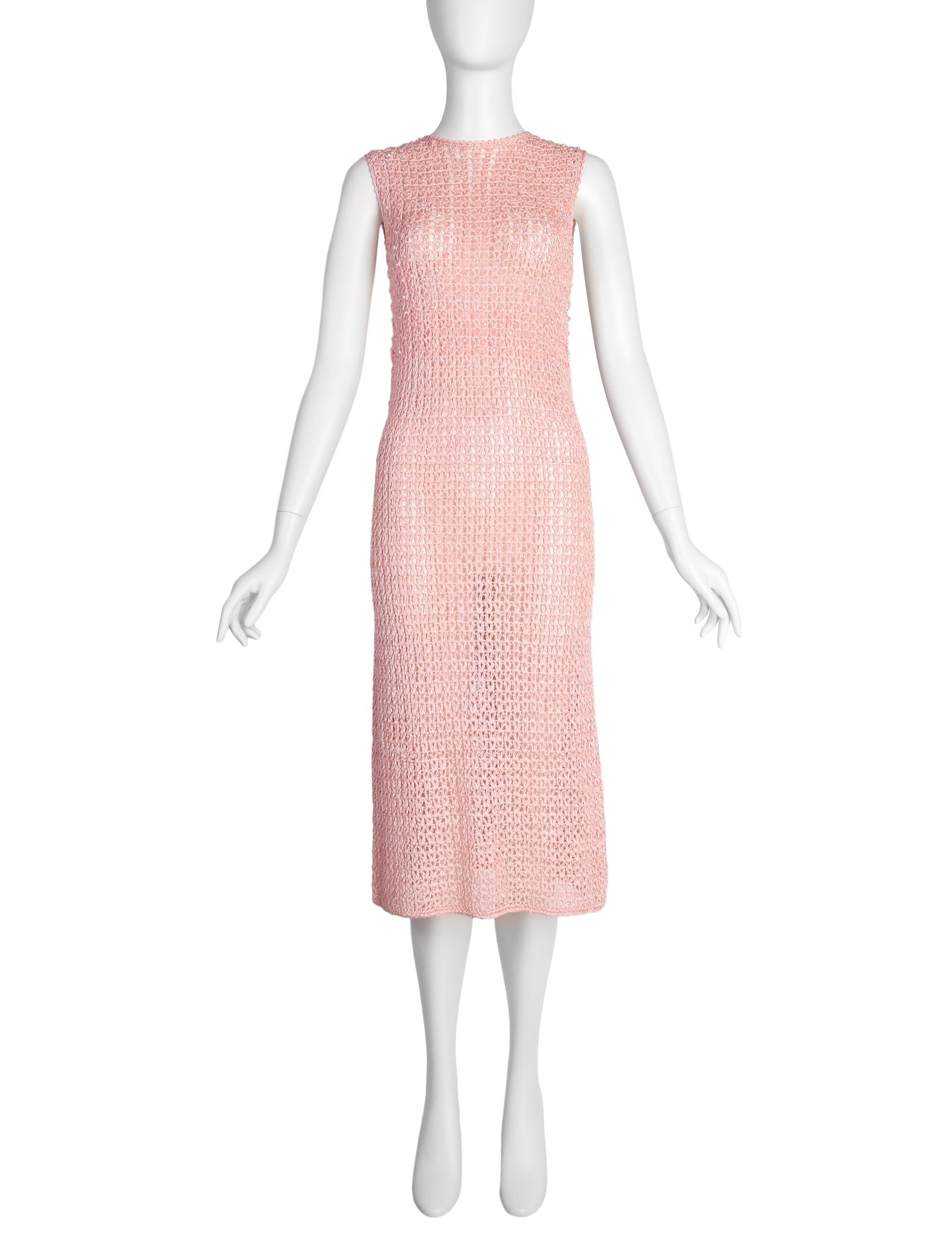 Anne Rubin Vintage 1960s Baby Pink Bead Embellished Ribbon Crochet Dress