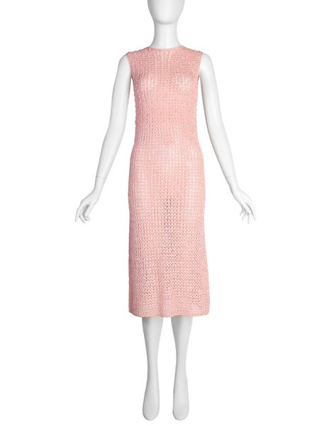 Anne Rubin Vintage 1960s Baby Pink Bead Embellished Ribbon Crochet Dress