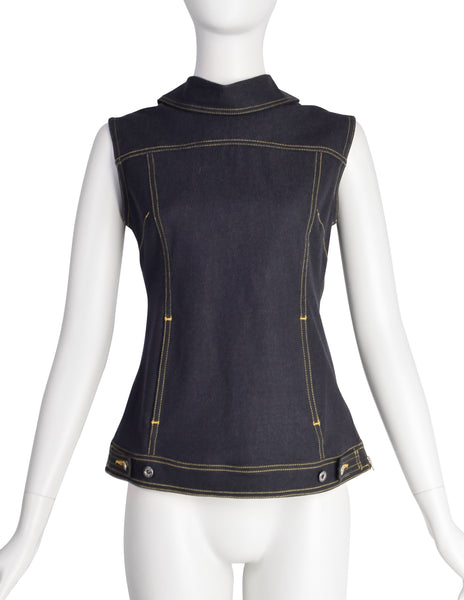 D & G by Dolce & Gabbana Vintage Blue Stretch Denim 'Backwards' Vest Top