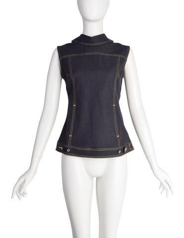 D & G by Dolce & Gabbana Vintage Blue Stretch Denim 'Backwards' Vest Top