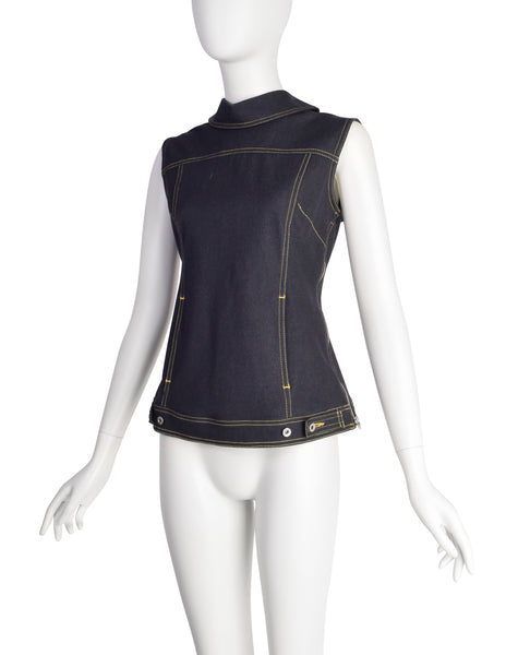 D & G by Dolce & Gabbana Vintage Blue Stretch Denim 'Backwards' Vest Top