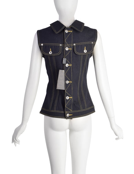 D & G by Dolce & Gabbana Vintage Blue Stretch Denim 'Backwards' Vest Top