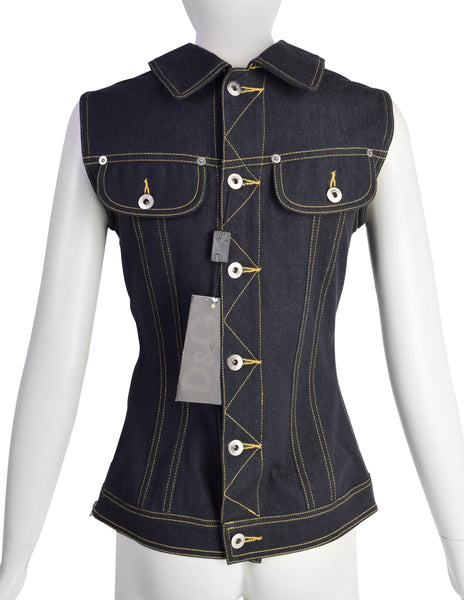 D & G by Dolce & Gabbana Vintage Blue Stretch Denim 'Backwards' Vest Top