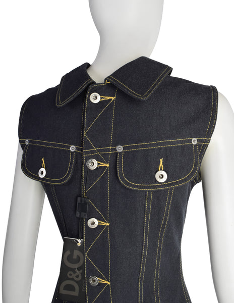 D & G by Dolce & Gabbana Vintage Blue Stretch Denim 'Backwards' Vest Top