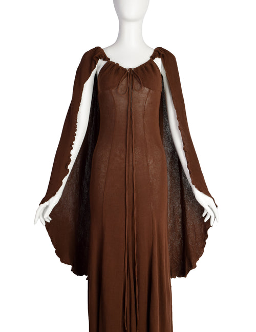Diana Leslie Vintage 1970s Brown Ribbed Cotton Cape Sleeve Maxi Dress   Amarcord Vintage Fashion