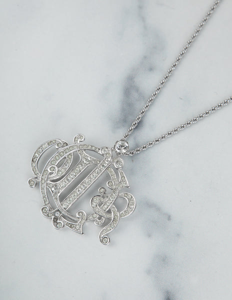 Christian Dior Vintage Silver Rhinestone Monogram Pendant Necklace