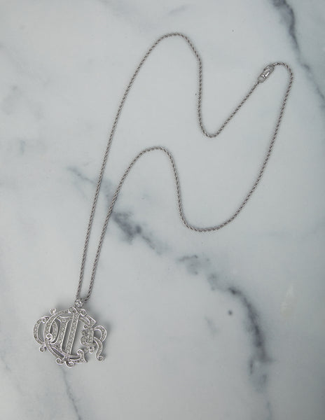 Christian Dior Vintage Silver Rhinestone Monogram Pendant Necklace