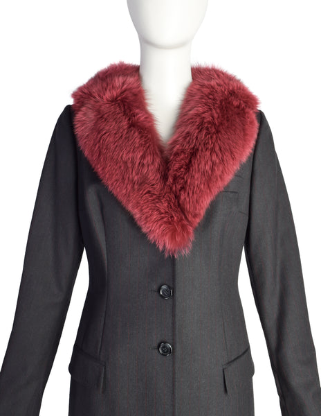 Dolce & Gabbana Vintage AW1997 Runway Charcoal Burgundy Pinstripe Fox Fur Coat and Pant Suit Set