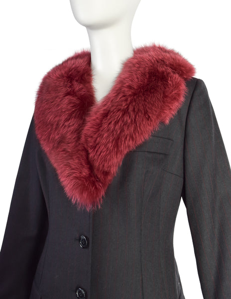 Dolce & Gabbana Vintage AW1997 Runway Charcoal Burgundy Pinstripe Fox Fur Coat and Pant Suit Set