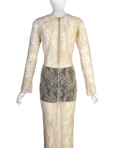 Dolce & Gabbana Vintage SS 1999 Beige Lace Sheer Gown with Black Lingerie Shorts