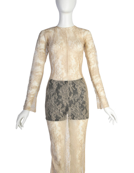 Dolce & Gabbana Vintage SS 1999 Beige Lace Sheer Gown with Black Lingerie Shorts