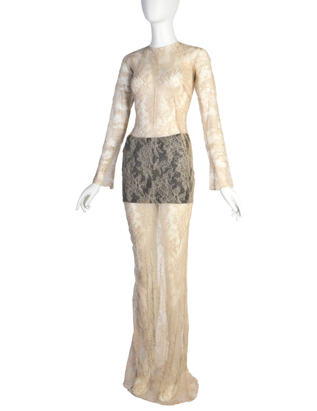 Dolce & Gabbana Vintage SS 1999 Beige Lace Sheer Gown with Black Lingerie Shorts