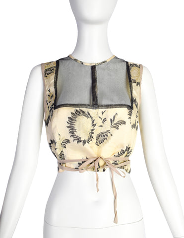 Dries Van Noten Vintage Cream Black Floral Silk Jacquard Cropped Top