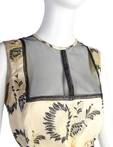 Dries Van Noten Vintage Cream Black Floral Silk Jacquard Cropped Top