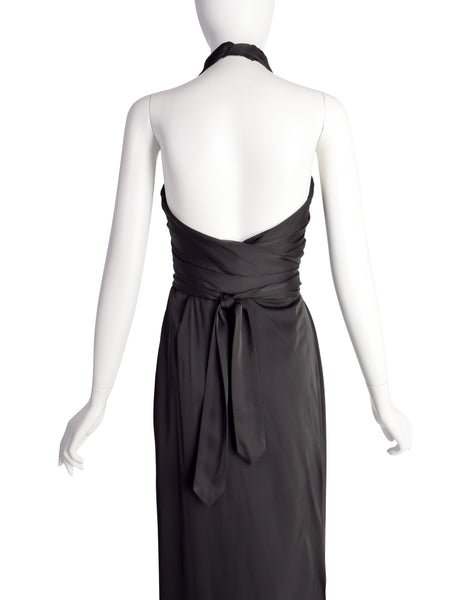Dries van Noten Vintage Black Satin Wrap Halter Dress