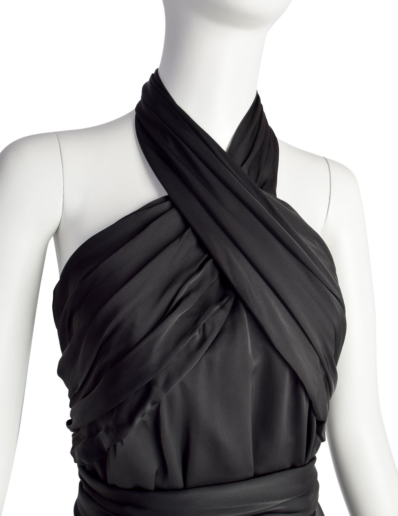 dries van noten halter dress Dries van Noten Vintage Black Satin Wrap Halter Dress Amarcord Vintage Fashion