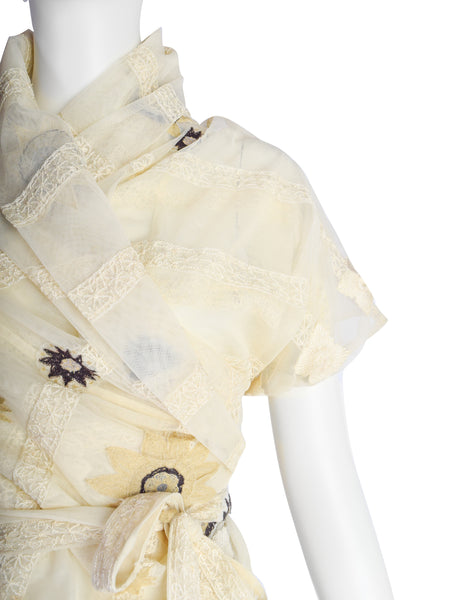 Dries Van Noten Vintage Floral Embroidered Cream Mesh Wrap Top