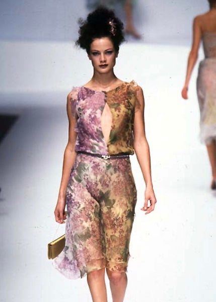 Valentino Vintage SS 1997 Purple Green Floral Bias Silk Chiffon Dress