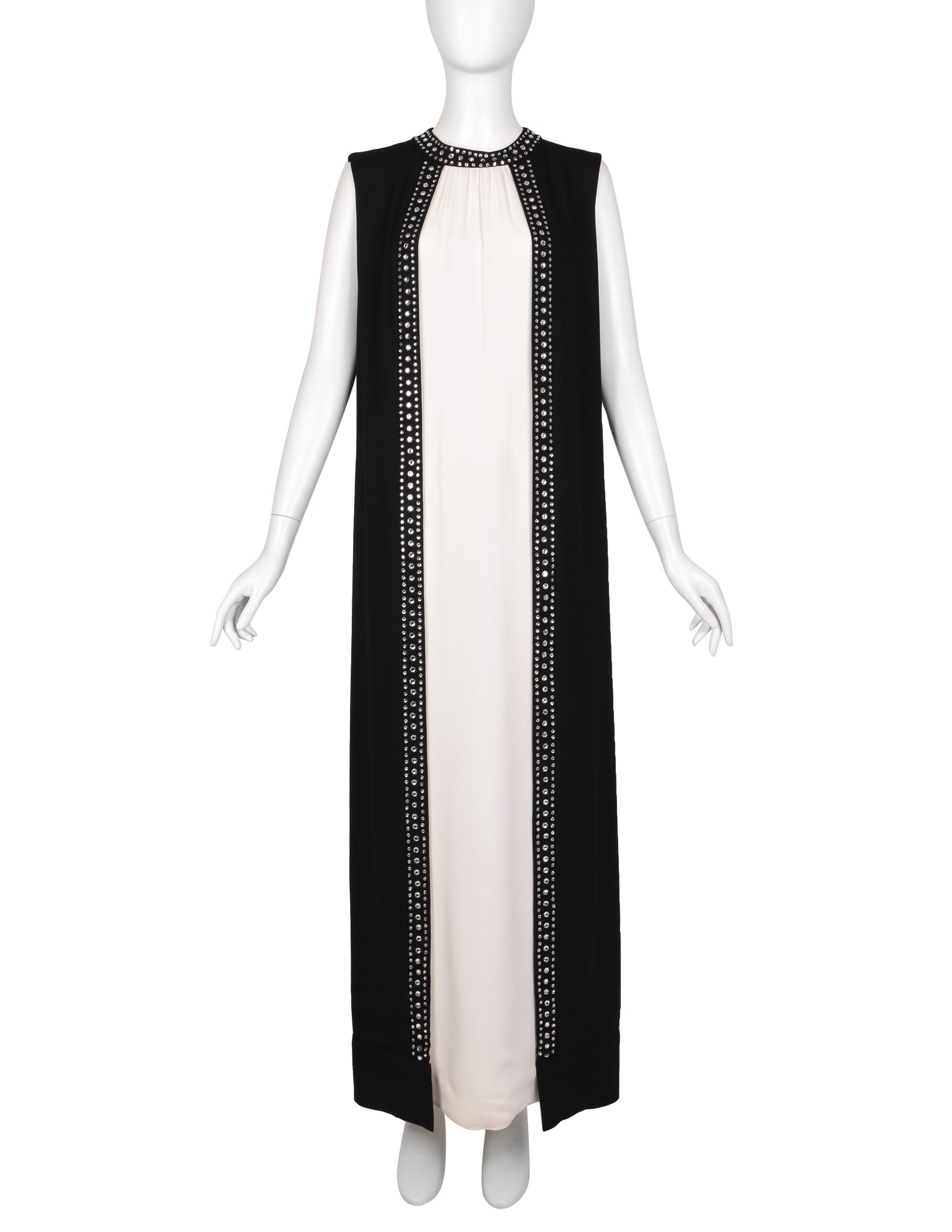 Esther Wolf Vintage 1960s Rhinestone Adorned Black Cream Layered Column Gown