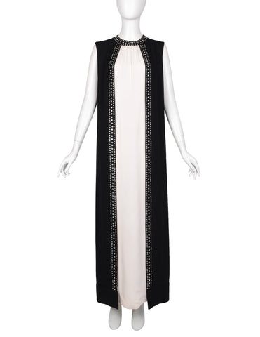 Esther Wolf Vintage 1960s Rhinestone Adorned Black Cream Layered Column Gown