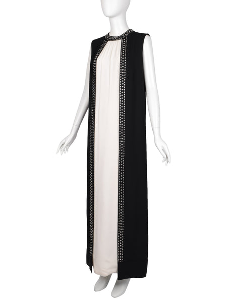 Esther Wolf Vintage 1960s Rhinestone Adorned Black Cream Layered Column Gown