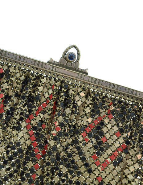 Whiting & Davis Vintage 1930s 'El Sah' by Elsa Schiaparelli Silver Black Red Enamel Armor Mesh Handbag