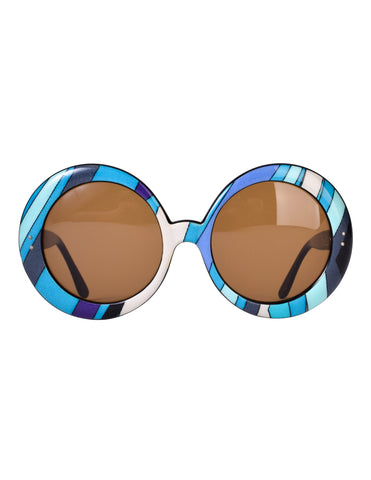 Emilio Pucci Vintage 1960s ICONIC Encased Blue Silk Scarf Oversized Round Sunglasses