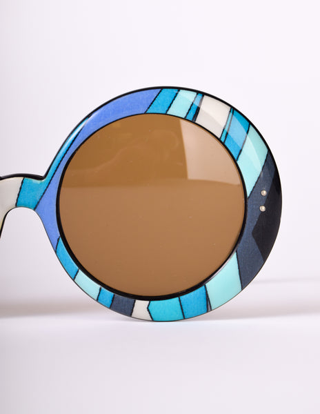 Emilio Pucci Vintage 1960s ICONIC Encased Blue Silk Scarf Oversized Round Sunglasses