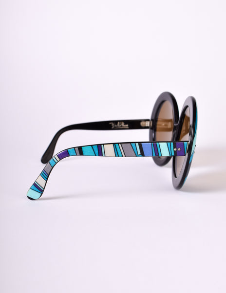 Emilio Pucci Vintage 1960s ICONIC Encased Blue Silk Scarf Oversized Round Sunglasses