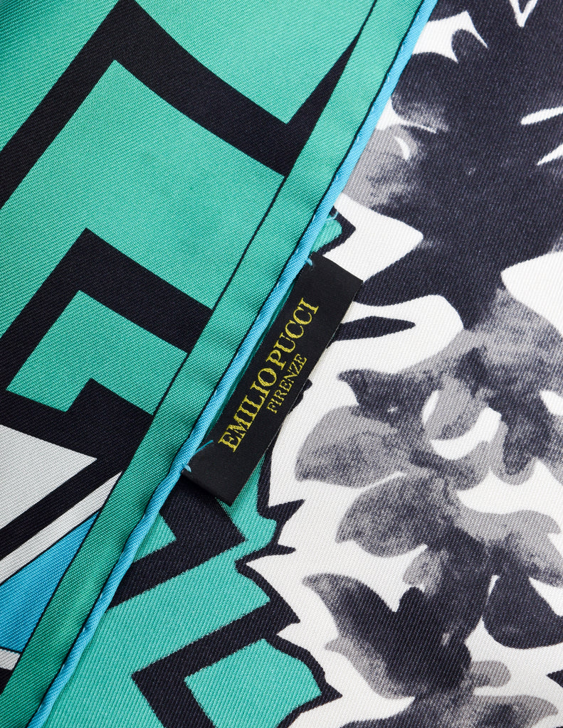 Emilio Pucci Vintage Teal Turquoise Blue Black White Geometric Print Silk Oblong Scarf