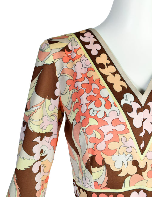 Emilio Pucci Vintage 1960s Pink Yellow Brown Pastel Floral Silk