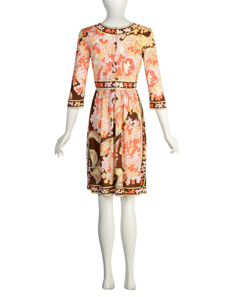 Emilio Pucci Vintage 1960s Pink Yellow Brown Pastel Floral Silk Jersey Mini Dress