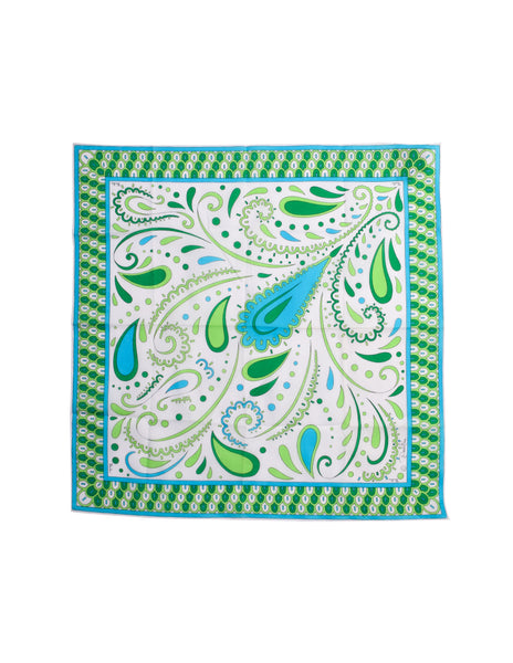 Emilio Pucci Vintage Green Blue White Psychedelic Paisley Print Cotton Small Scarf