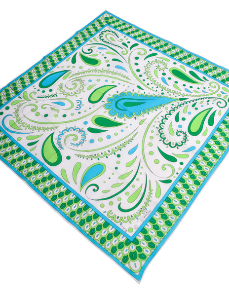 Emilio Pucci Vintage Green Blue White Psychedelic Paisley Print Cotton Small Scarf
