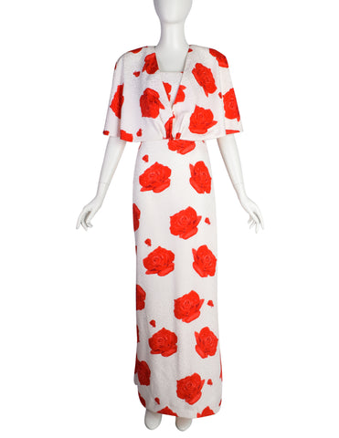 Estevez Vintage SS 1986 White Silk Jacquard Rose Print Strapless Gown and Capelet Set