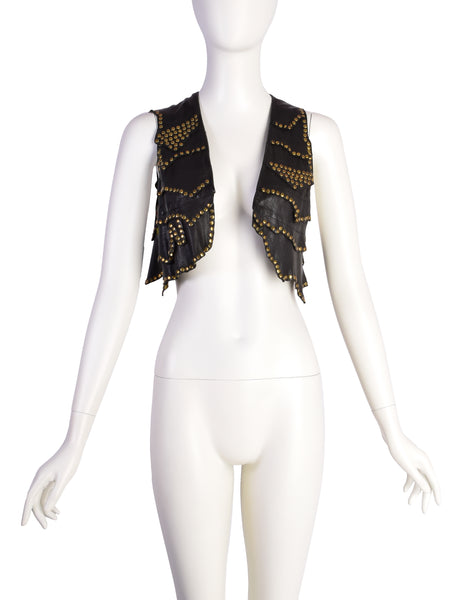 Etro Vintage Black Layered Leather Brass Studded Vest