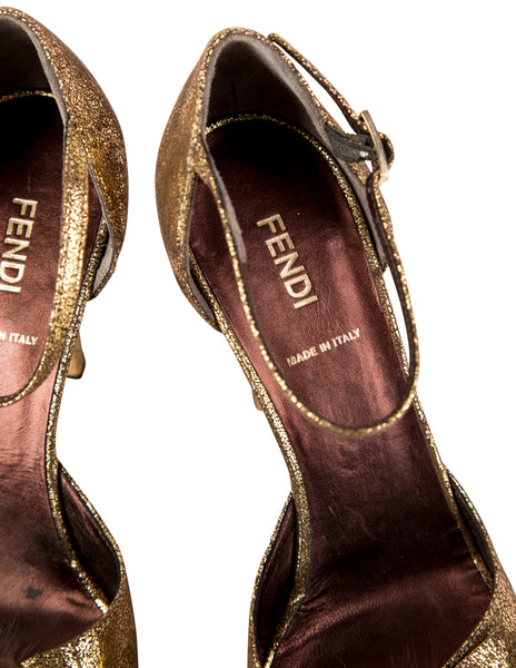 Fendi Vintage Metallic Fur Puff Peep Toe Heels