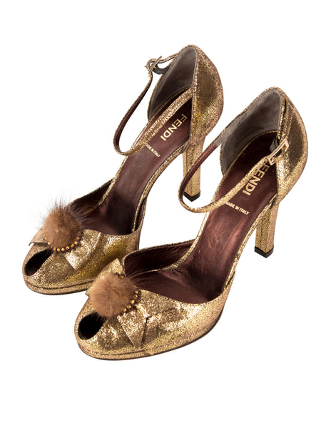 Fendi Vintage Metallic Fur Puff Peep Toe Heels