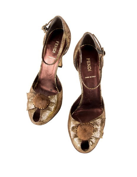 Fendi Vintage Metallic Fur Puff Peep Toe Heels