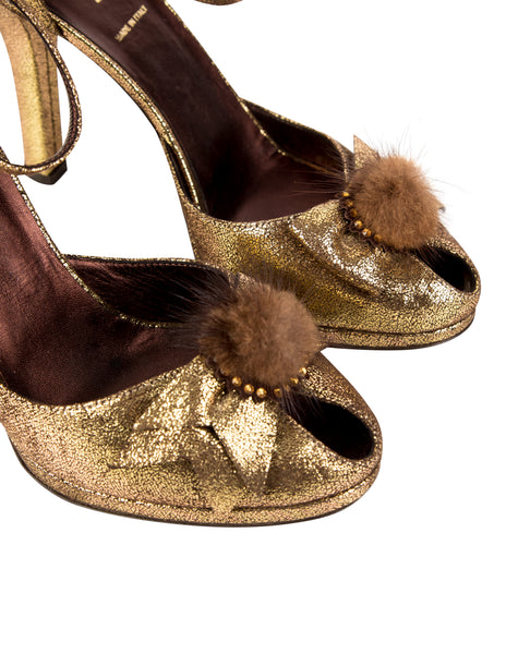 Fendi Vintage Metallic Fur Puff Peep Toe Heels