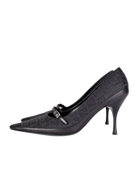 Fendi Vintage Black Zucchino Logo Fabric and Leather Mary Jane Heels