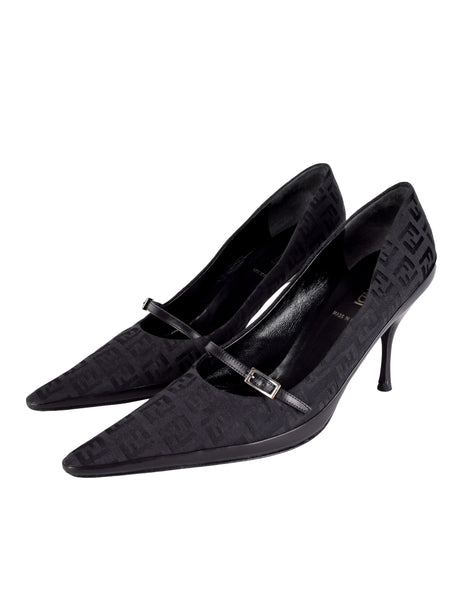 Fendi Vintage Black Zucchino Logo Fabric and Leather Mary Jane Heels