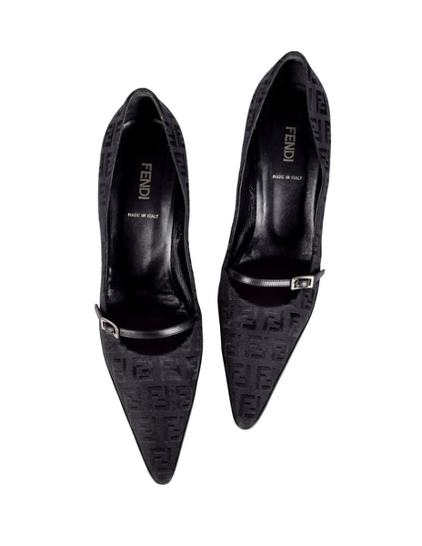 Fendi Vintage Black Zucchino Logo Fabric and Leather Mary Jane Heels