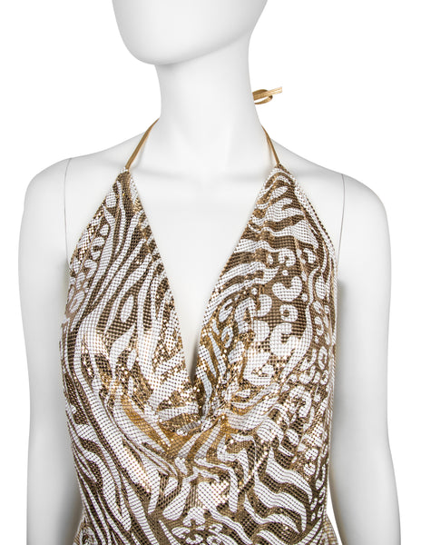Ferrara Archive Iconic White and Gold Metallic Metal Mesh Halter Top