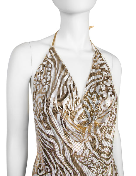 Ferrara Archive Iconic White and Gold Metallic Metal Mesh Halter Top